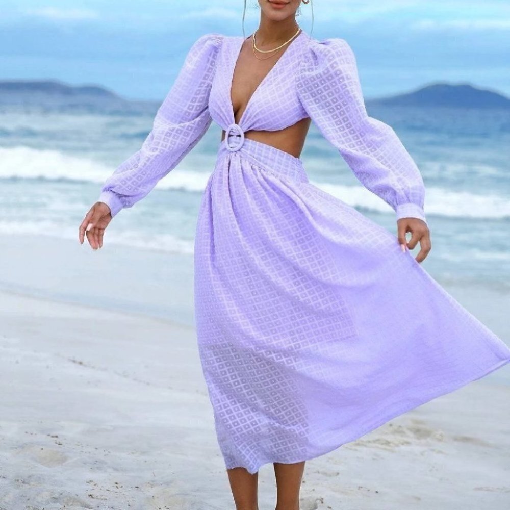 PURPLE MINI SQUARE SWISS DOT RING WAIST CUT OUT BISHOP SLEEVE MAXI DRESS SUMMER